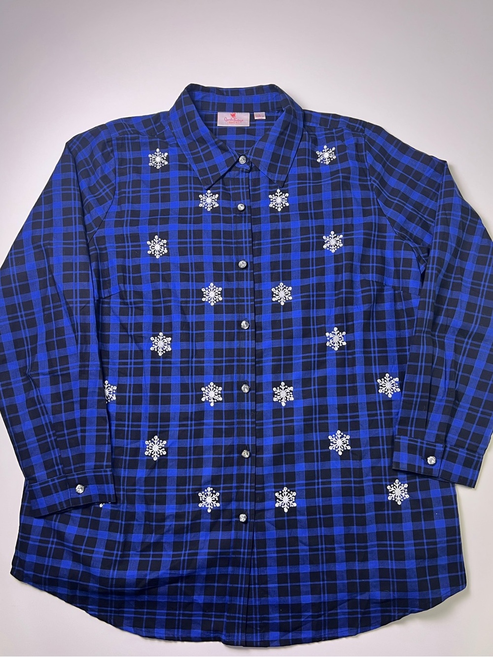 Quacker Factory Blue Black Plaid Snowflake Button Up Shirt Size Large Rhinestone